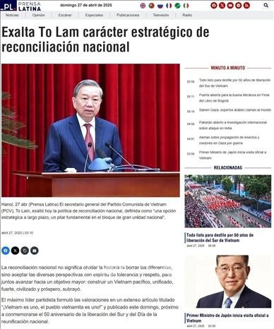 Prensa Latina trích đăng bài viết của Tổng Bí thư Tô Lâm với tiêu đề “Nước Việt Nam là một, dân tộc Việt Nam là một”.