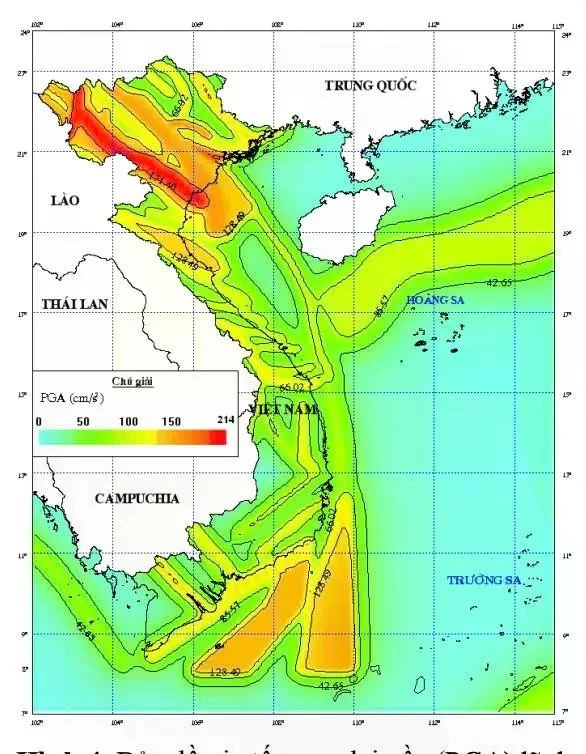 Bản đồ gia tốc cực đại nền (PGA) lãnh thổ Việt Nam và Biển Đông.