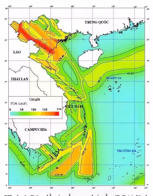 Bản đồ gia tốc cực đại nền (PGA) lãnh thổ Việt Nam và Biển Đông.