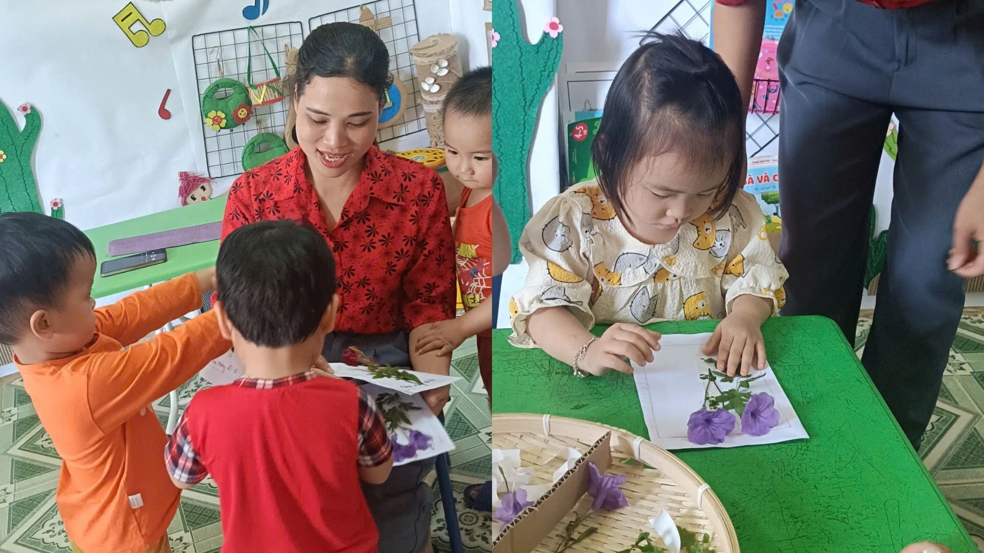 Các em học sinh mầm non tại thôn Làng Nủ làm những tấm thiệp tặng cô giáo và mẹ.