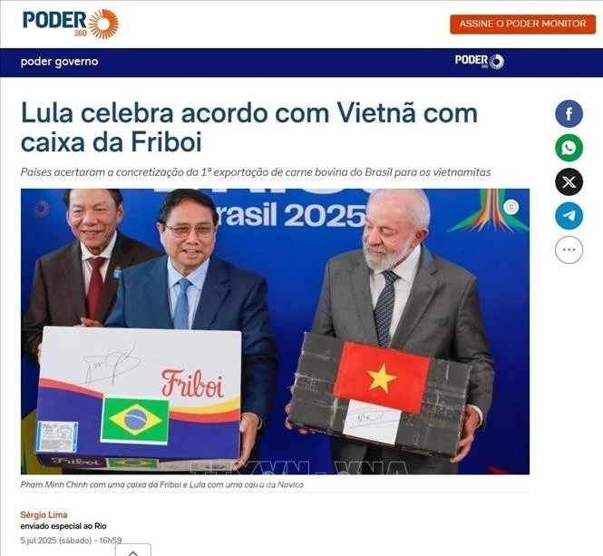 Tờ poder360 đưa tin buổi hội đàm giữa Thủ tướng Phạm Minh Chính và Tổng thống Lula da Silva. Ảnh chụp màn hình bài viết