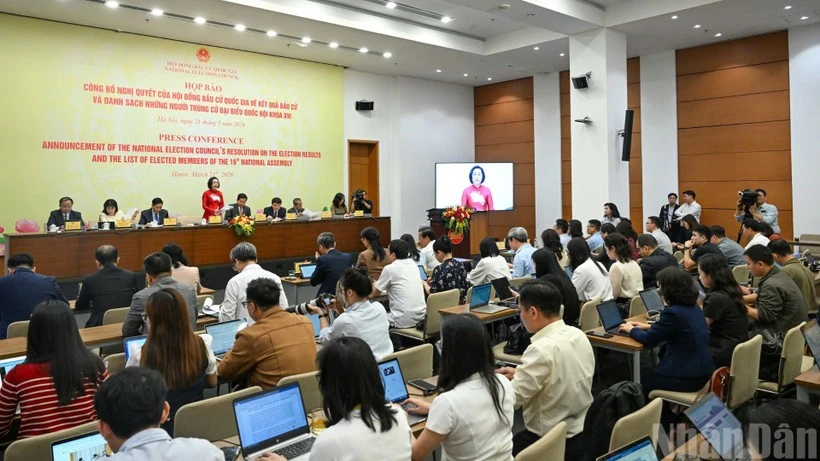 Quang cảnh họp báo công bố Nghị quyết của Hội đồng Bầu cử quốc gia về kết quả bầu cử và danh sách những người trúng cử đại biểu Quốc hội khóa XVI, ngày 21/3/2026.