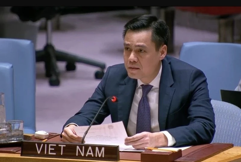 Đại sứ Đặng Hoàng Giang, Trưởng Phái đoàn Thường trực Việt Nam tại Liên hợp quốc, phát biểu tại phiên thảo luận.