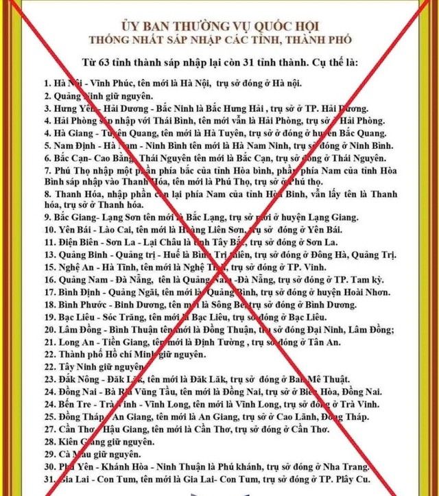 Thông tin sai sự thật về sáp nhập tỉnh, thành được chia sẻ trên mạng xã hội. Thông tin sai sự thật về sáp nhập tỉnh, thành được chia sẻ trên mạng xã hội.