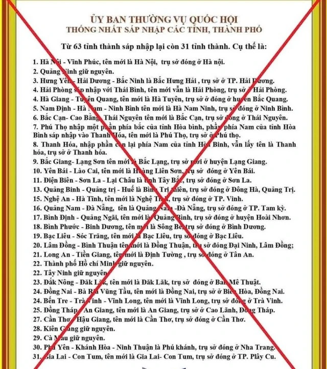 Thông tin sai sự thật về sáp nhập tỉnh, thành được chia sẻ trên mạng xã hội.