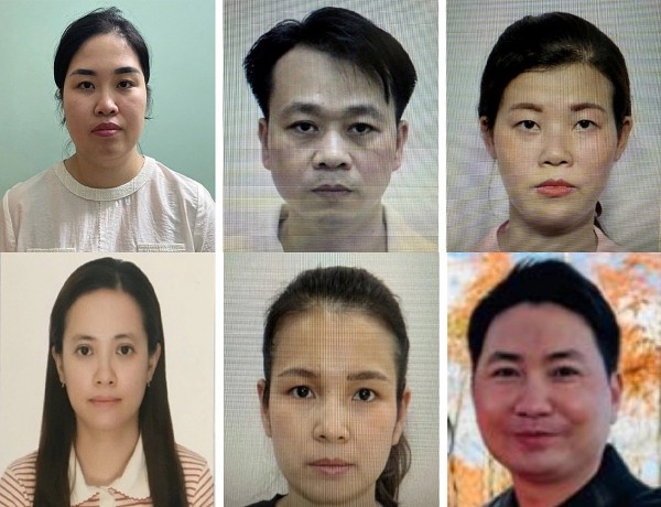 Bị can Phạm Thị Bích Phương, Trần Minh Tuấn, Nguyễn Thị Phương Thảo, Nguyễn Thị Phương Anh, Phạm Thị Bích, Đặng Tiến Đức (từ trái qua, từ trên xuống).