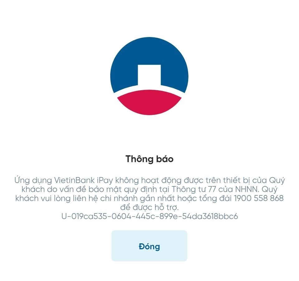 Ứng dụng ngân hàng bị chặn trên các thiết bị không đáp ứng tiêu chuẩn bảo mật.