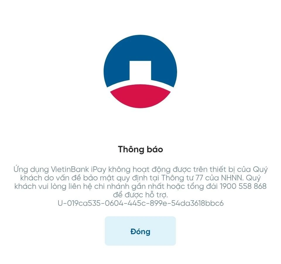 Ứng dụng ngân hàng bị chặn trên các thiết bị không đáp ứng tiêu chuẩn bảo mật.