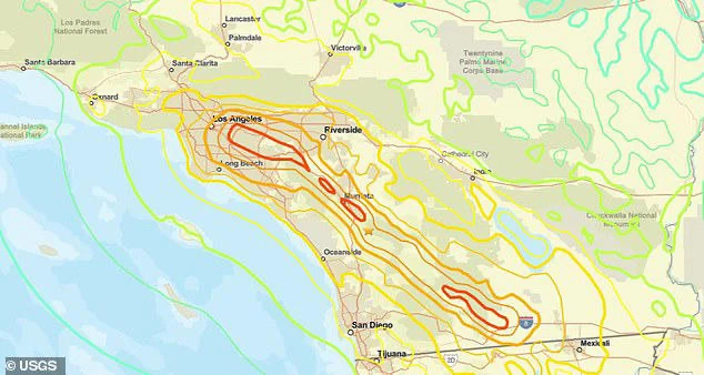 Cơ quan Khảo sát Địa chất Mỹ đã lập mô phỏng một trận động đất có cường độ 7,8 độ dọc theo đứt gãy Elsinore.