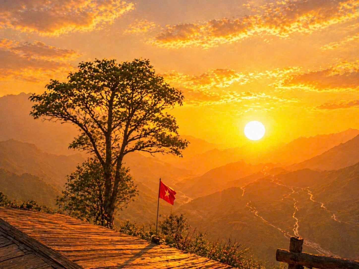 Những tia nắng cuối ngày len qua biển mây đã tạo nên khung cảnh hoàng hôn rực rỡ nơi núi rừng Tây Bắc.