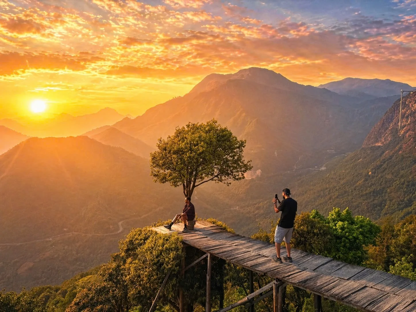 Anh Michael tranh thủ chụp ảnh cho bạn với cảnh hoàng hôn đang buông xuống tại khu vực cây Cô Đơn trên đèo Ô Quy Hồ.