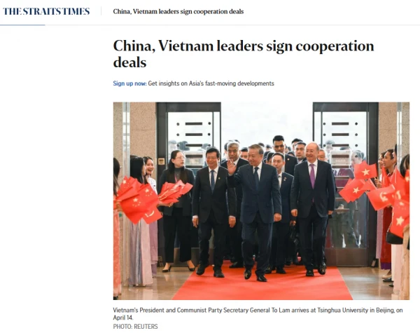 Tờ Straits Times của Singapore đưa tin đậm nét về chuyến thăm Trung Quốc của Tổng Bí thư, Chủ tịch nước Tô Lâm. Ảnh chụp màn hình