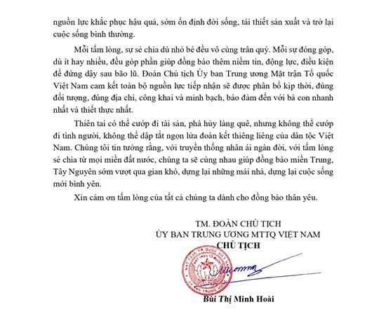 Lời kêu gọi của Đoàn Chủ tịch Ủy ban Trung ương MTTQ Việt Nam về ủng hộ đồng bào các tỉnh miền Trung, Tây Nguyên bị thiệt hại do mưa lũ gây ra.