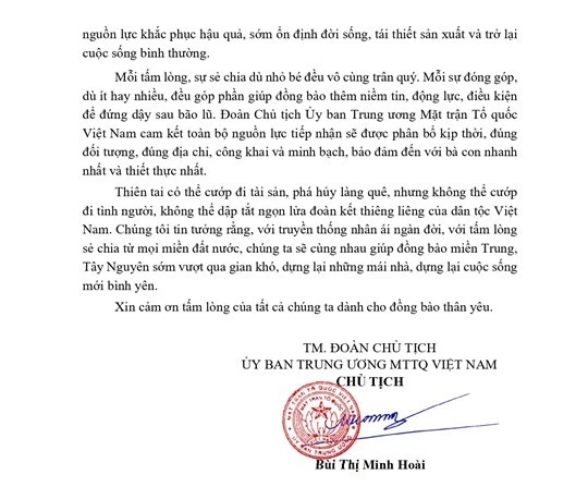 Lời kêu gọi của Đoàn Chủ tịch Ủy ban Trung ương MTTQ Việt Nam về ủng hộ đồng bào các tỉnh miền Trung, Tây Nguyên bị thiệt hại do mưa lũ gây ra.