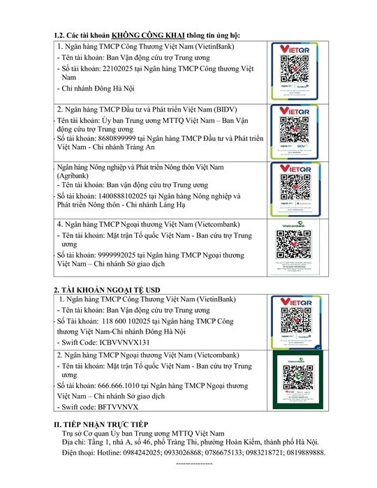 Danh sách các tài khoản nhận ủng hộ.