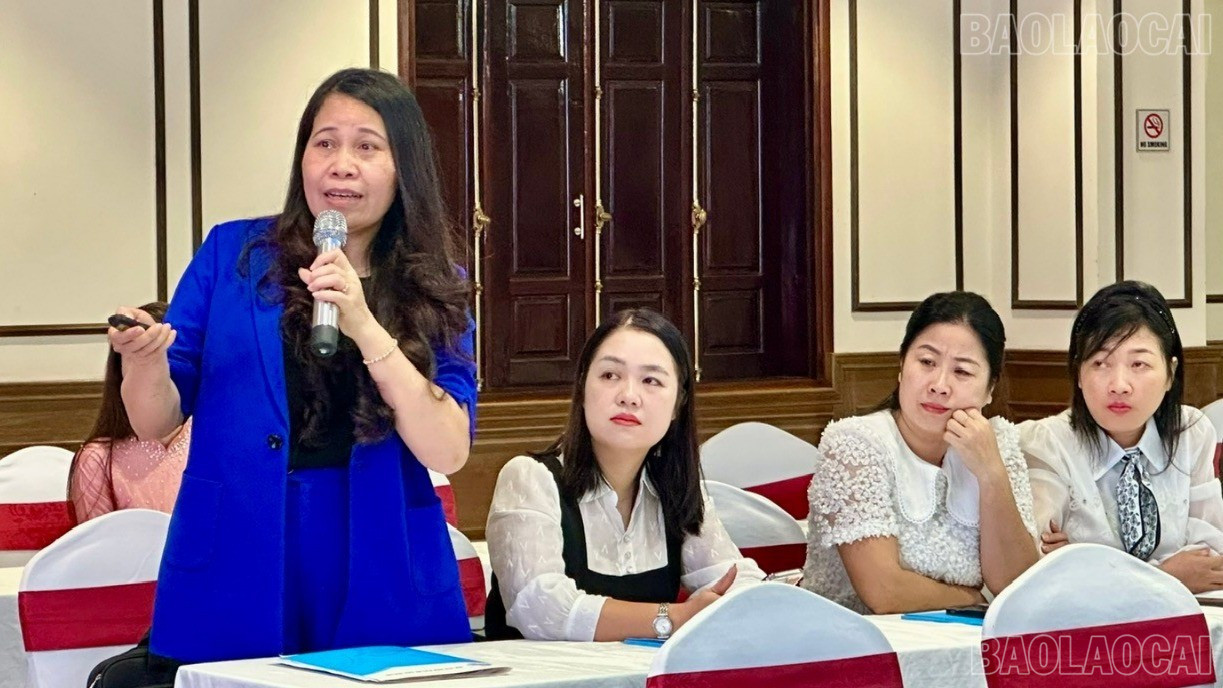 Bà Nguyễn Thị Hồng Loan - Phó Ban Quản lý dự án trình bày kết quả dự án. baolaocai-tr-z7048285226765-06a9fed519e25a5bc52c0998bdcede63.jpg