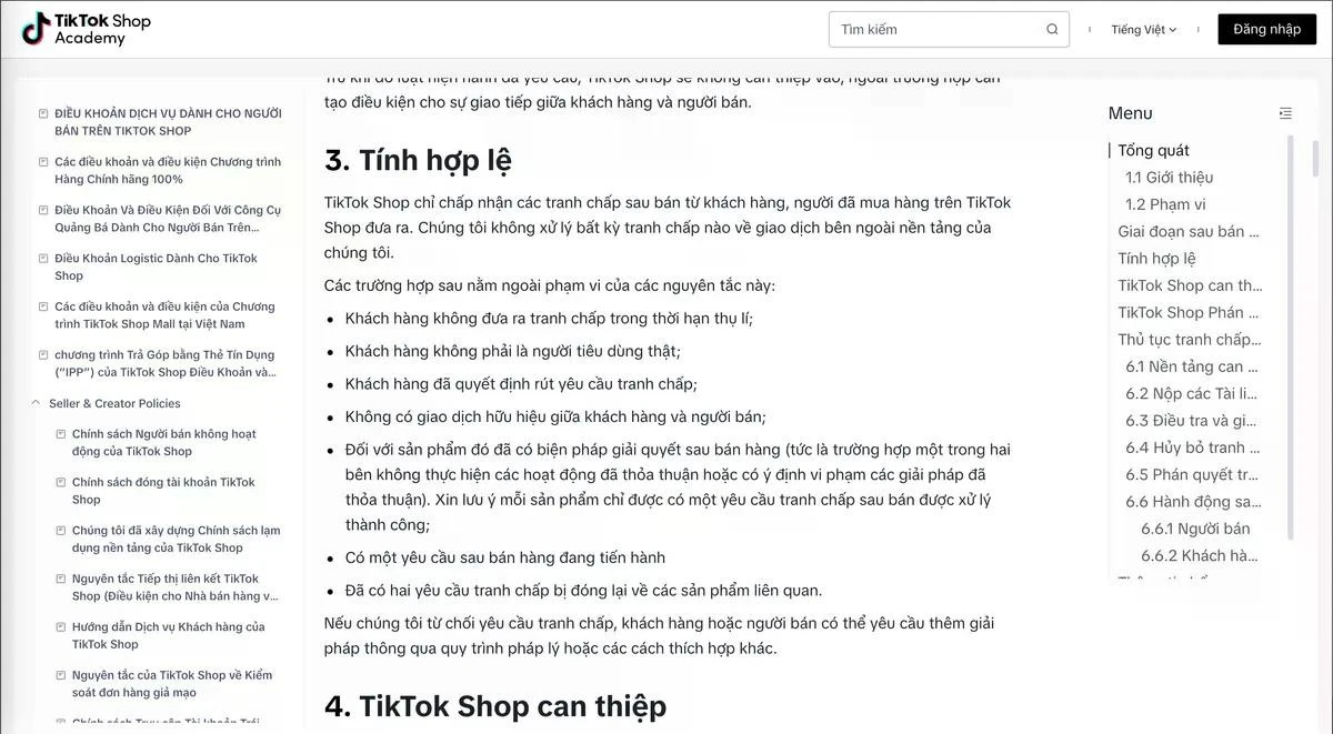 Chính sách khiếu nại sau bán hàng của TikTok Shop.