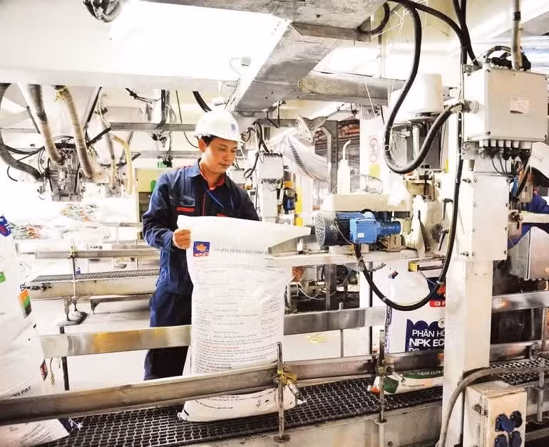 Đóng gói sản phẩm phân đạm tại Công ty cổ phần Phân bón dầu khí Cà Mau (PVCFC-Đạm Cà Mau).