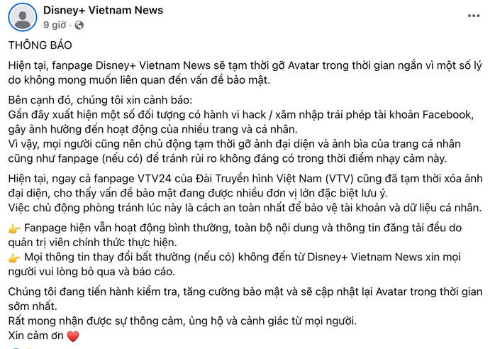 Fanpage Disney+ Vietnam News thông báo gỡ ảnh đại diện/