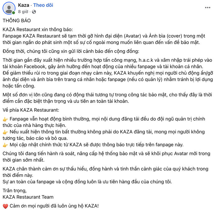 Một fanpage gỡ ảnh đại diện vì lo ngại bị hack.