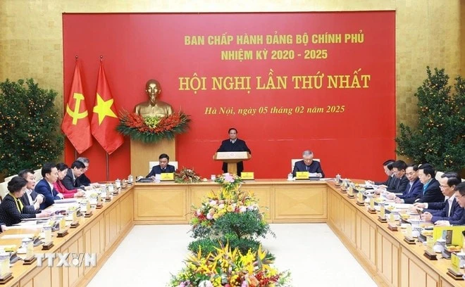 Thủ tướng Phạm Minh Chính, Bí thư Đảng ủy Chính phủ phát biểu khai mạc Hội nghị lần thứ nhất Ban Chấp hành Đảng bộ Chính phủ nhiệm kỳ 2020-2025.