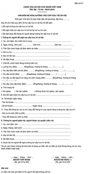 Mẫu văn bản đề nghị hưởng trợ cấp hưu trí xã hội.