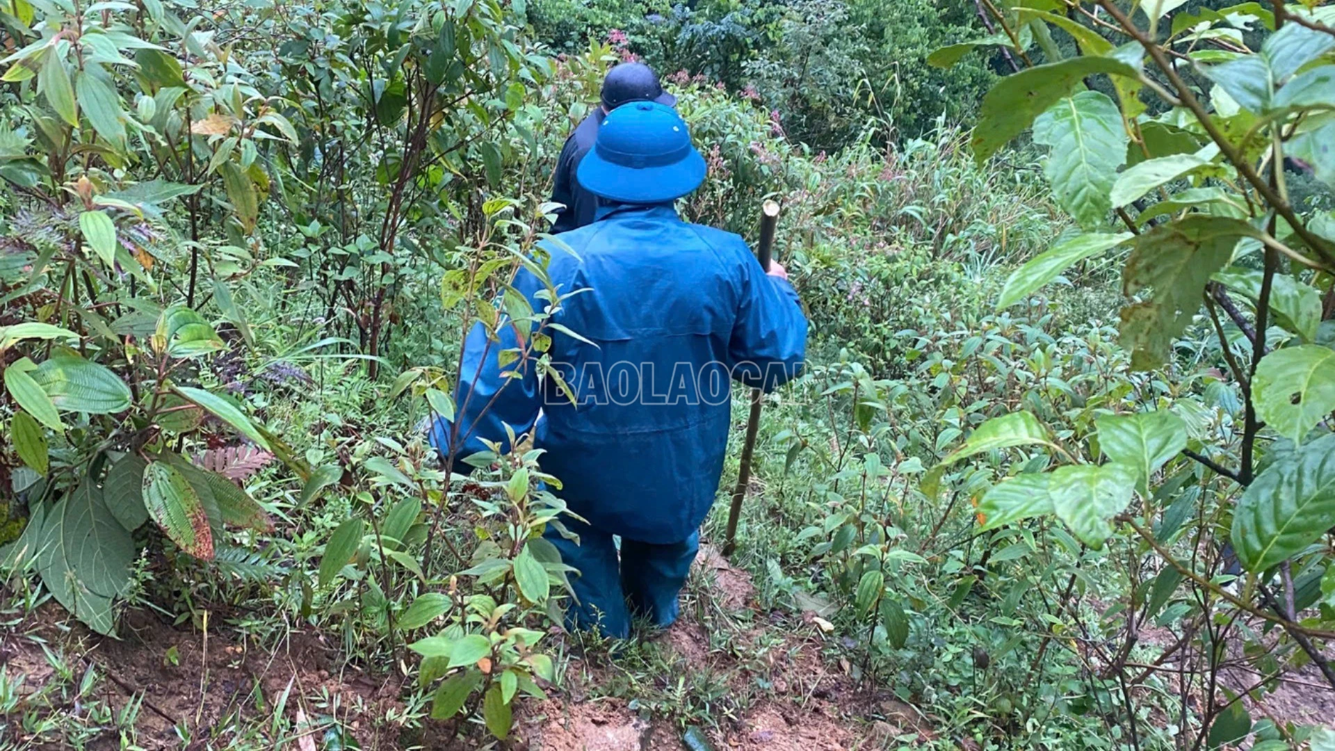 Lực lượng chức năng cùng người dân băng rừng, men theo sườn núi hiểm trở tiếp cận hiện trường vụ sạt lở.