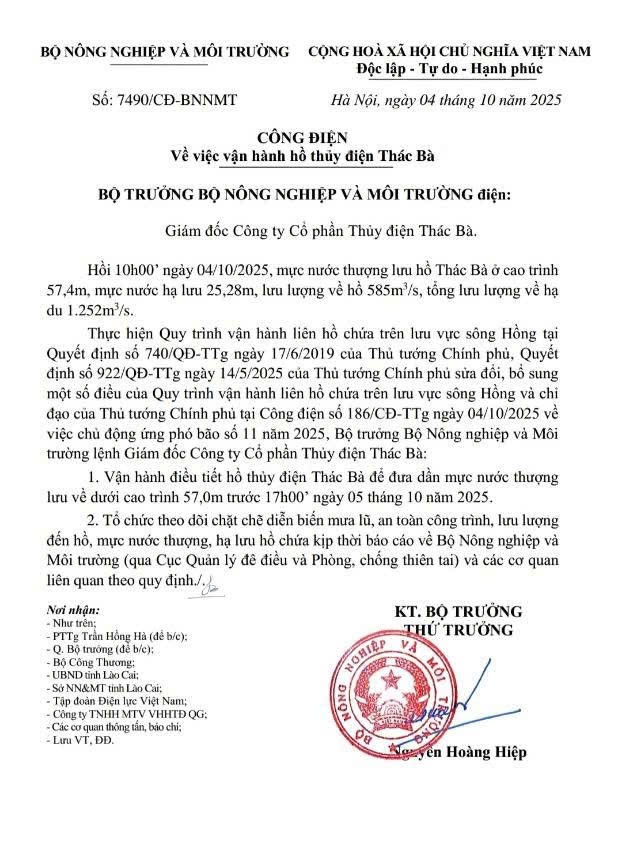 Công điện của Bộ Tài nguyên và Môi trường chỉ đạo vận hành hồ thủy điện Thác Bà bảo đảm an toàn hạ du trước bão số 11. 1111111111.jpg
