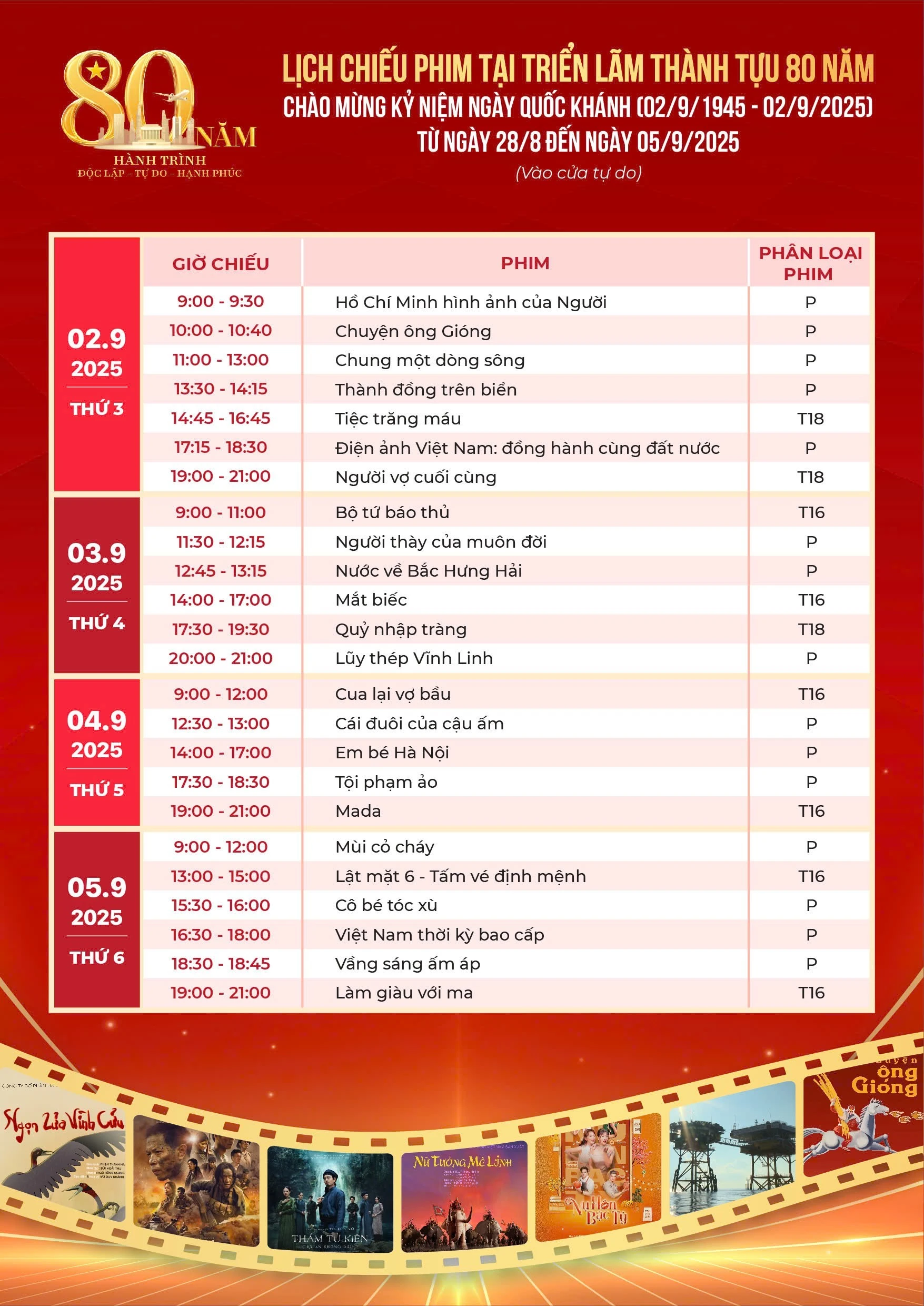 Lịch chiếu 50 tác phẩm điện ảnh từ ngày 28/8 - 5/9, tại rạp chiếu phim Nhà A, Trung tâm Hội chợ Triển lãm Quốc gia. Ban tổ chức giới hạn mỗi suất chiếu có 150 ghế ngồi, khán giả nhận vé xem ngay tại rạp.