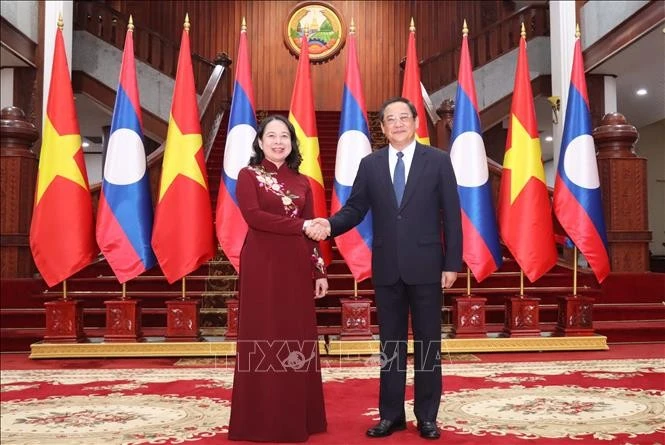 Thủ tướng Chính phủ Lào Sonexay Siphandone (phải) tiếp Phó Chủ tịch nước Việt Nam Võ Thị Ánh Xuân sang thăm chính thức Lào.