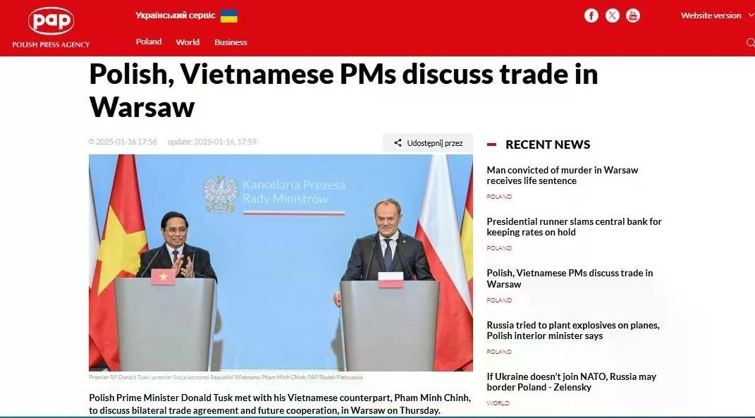 Thông tấn xã Ba Lan nhấn mạnh tiềm năng hợp tác kinh tế - thương mại giữa hai nước.