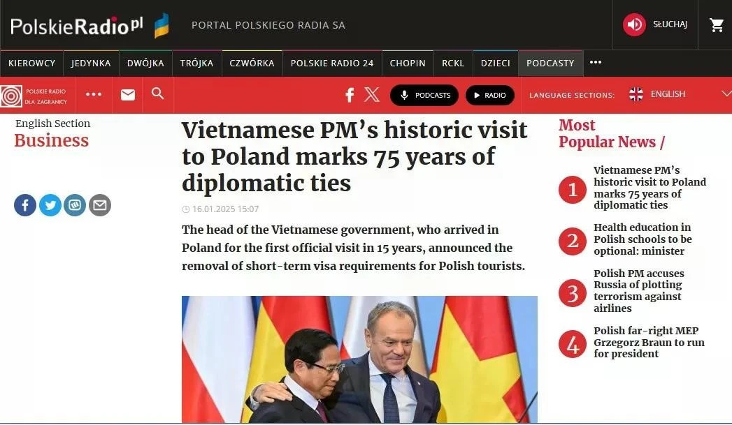 Đài phát thanh Ba Lan (Polskie Radio) ngày 16/1 đưa tin về 'chuyến thăm lịch sử' của Thủ tướng Phạm Minh Chính.