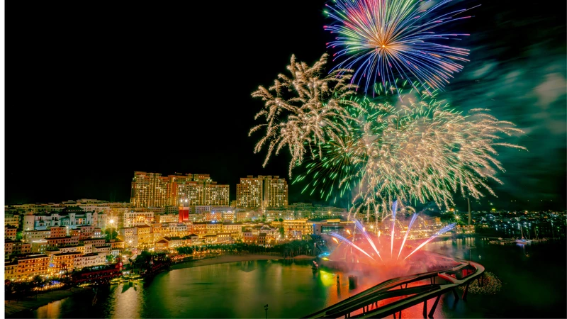 Màn pháo hoa rực rỡ được trình diễn hằng đêm tại Thị trấn Hoàng Hôn, Phú Quốc.