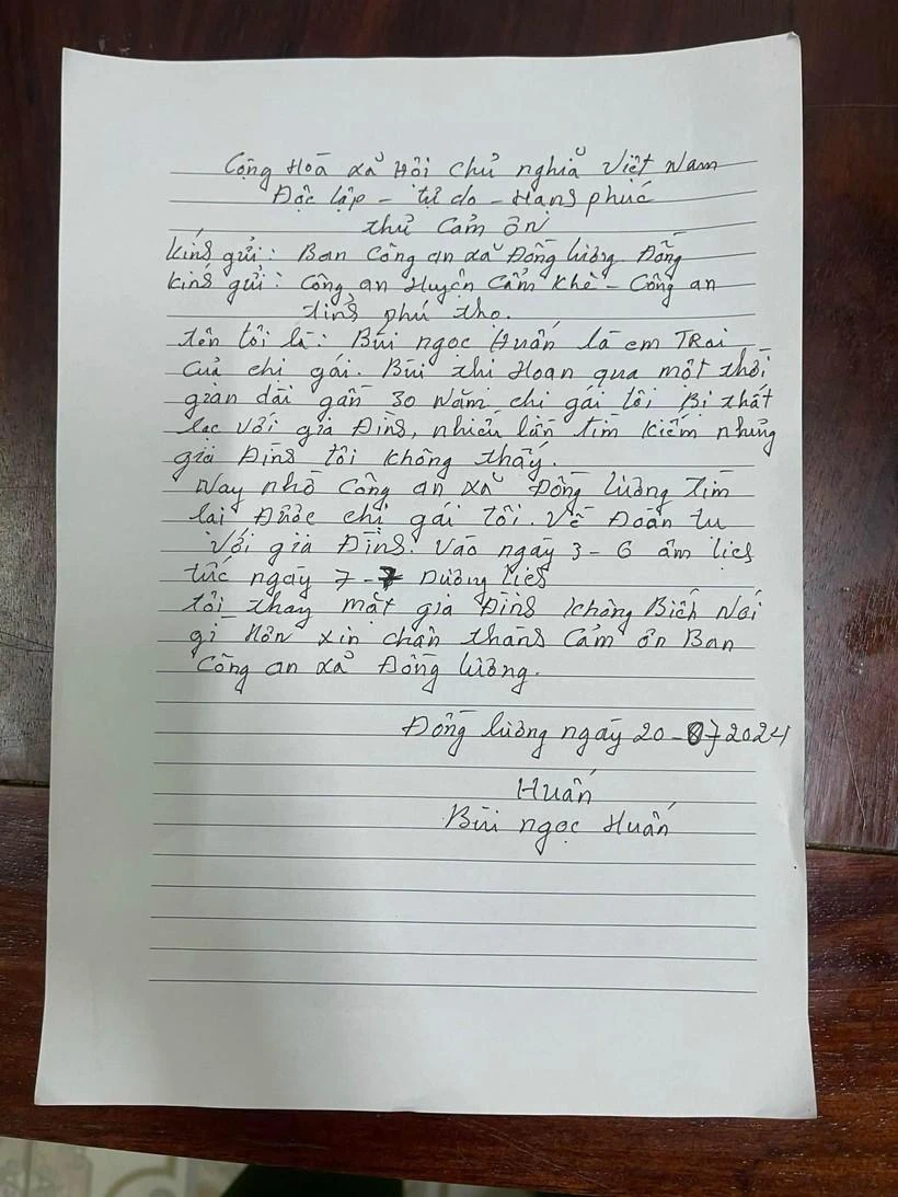 Gia đình viết thư cảm ơn lực lượng công an.