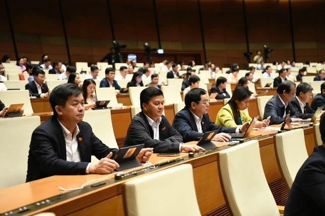 Các đại biểu bấm nút thông qua dự án luật.