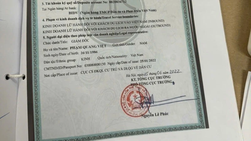 Đối tượng giả mạo số giấy phép lữ hành quốc tế.