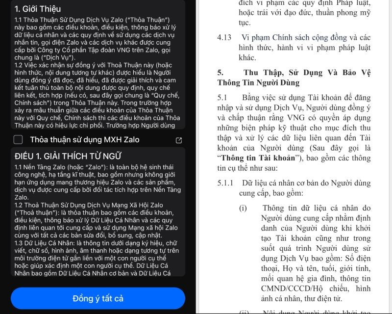 Thỏa thuận của Zalo chỉ cho “Đồng ý tất cả” chứ không có tùy chọn đồng ý một phần nội dung.