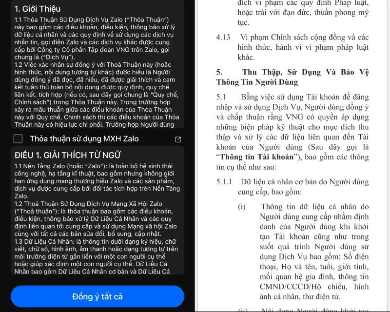 Thỏa thuận của Zalo chỉ cho “Đồng ý tất cả” chứ không có tùy chọn đồng ý một phần nội dung.
