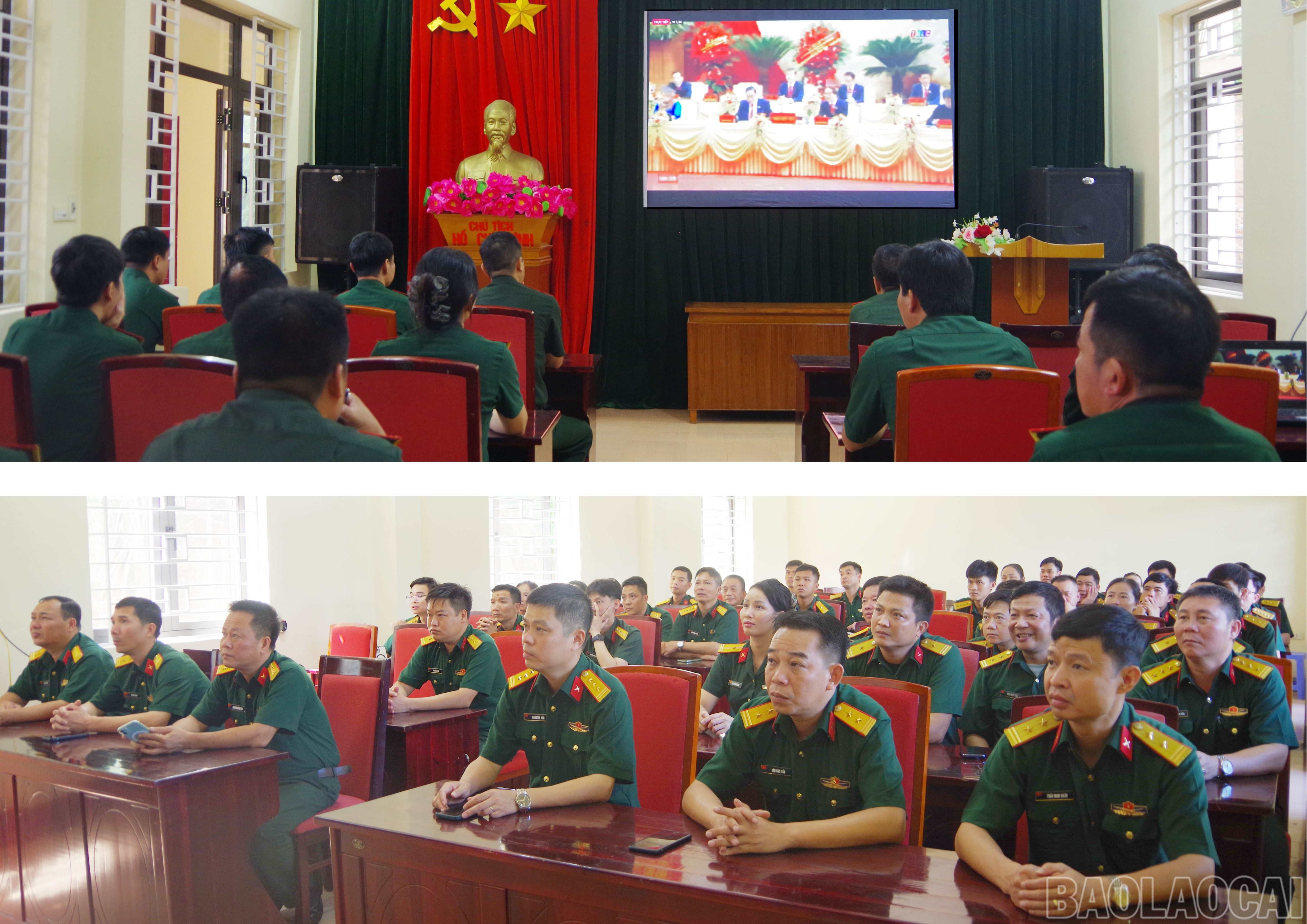 Cán bộ, đảng viên, chiến sĩ Ban Chỉ huy Phòng thủ khu vực I - Cam Đường chăm chú theo dõi tiến trình Đại hội. baolaocai-br_35.jpg