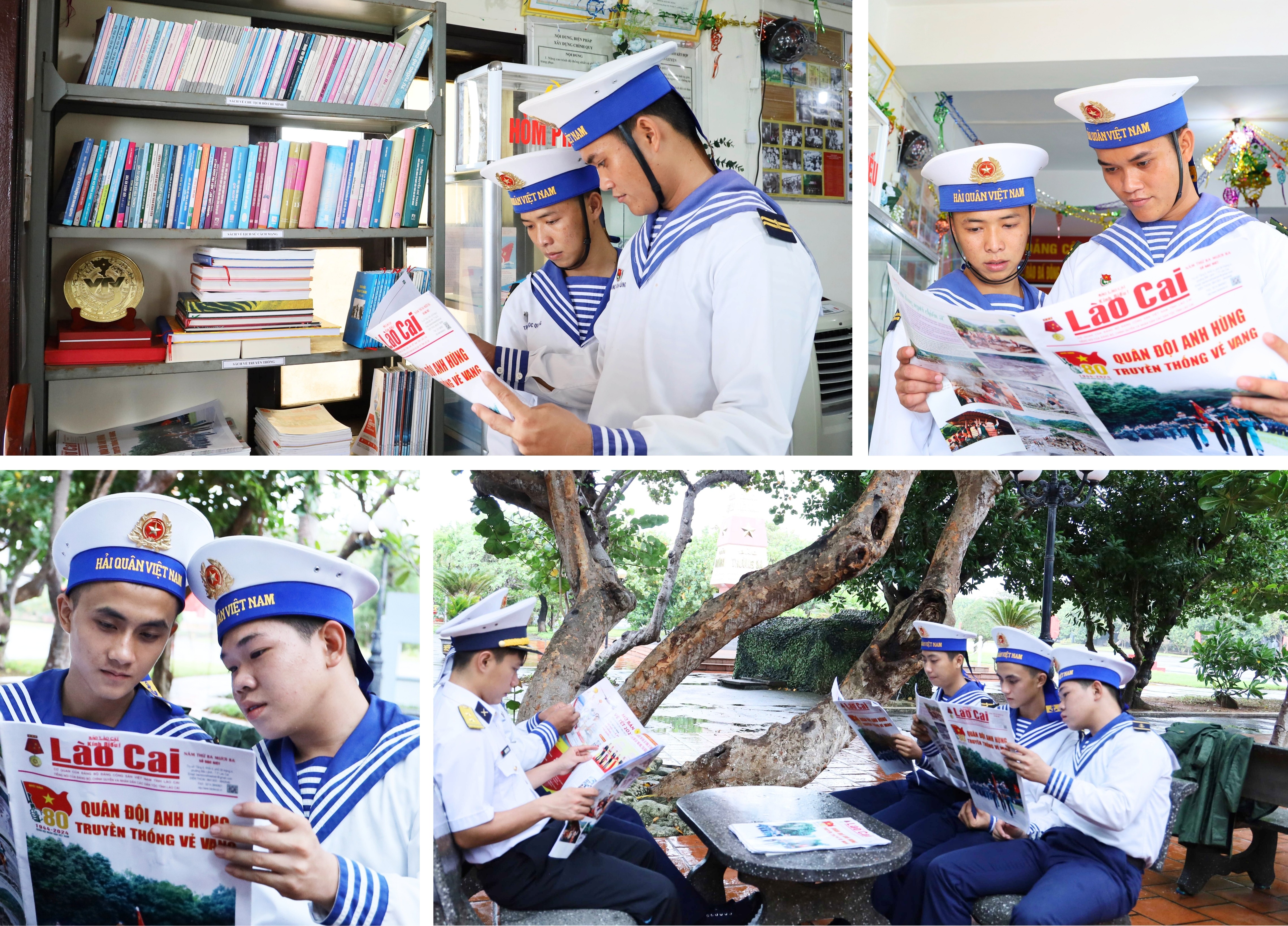 Các chiến sĩ hải quân đọc Báo Lào Cai trong giờ giải lao.