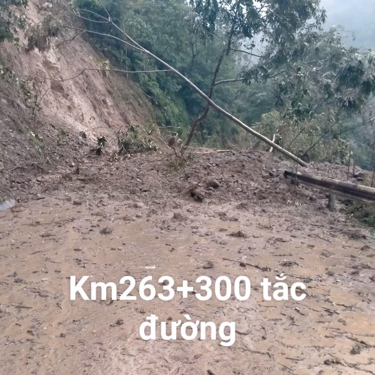 Với hàng trăm m3 đất đá sạt xuống, tại km 263 +300 bị tắc đường.