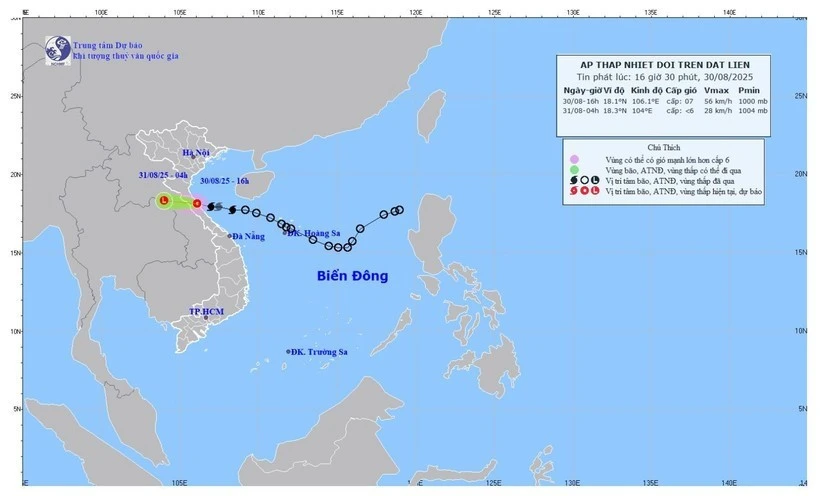 Bão số 6 suy yếu thành áp thấp nhiệt đới trên đất liền.
