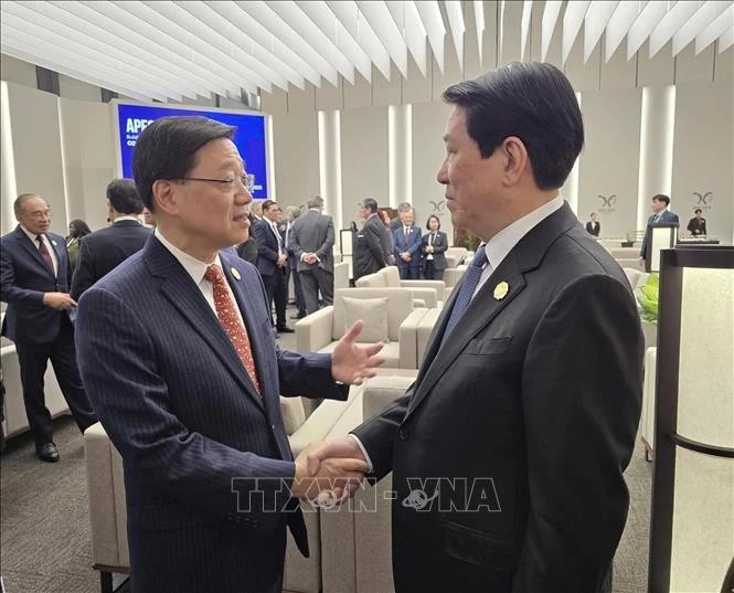 Chủ tịch nước Lương Cường gặp Trưởng đoàn Hong Kong (Trung Quốc) Lý Gia Siêu.