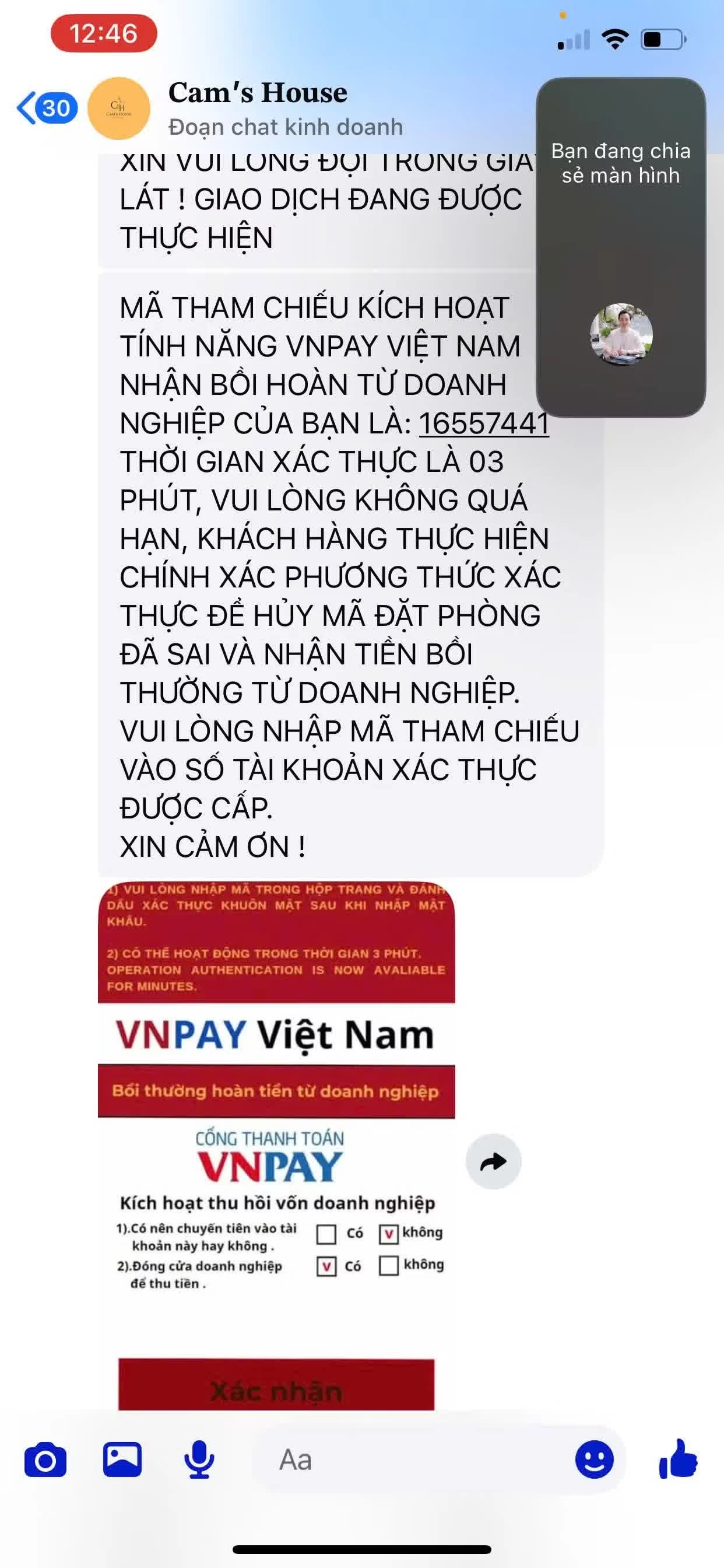 Hình ảnh giả mạo hệ thống thanh toán VNPay được các đối tượng chia sẻ, hướng dẫn để dẫn dụ nạn nhân làm thủ tục hoàn tiền.