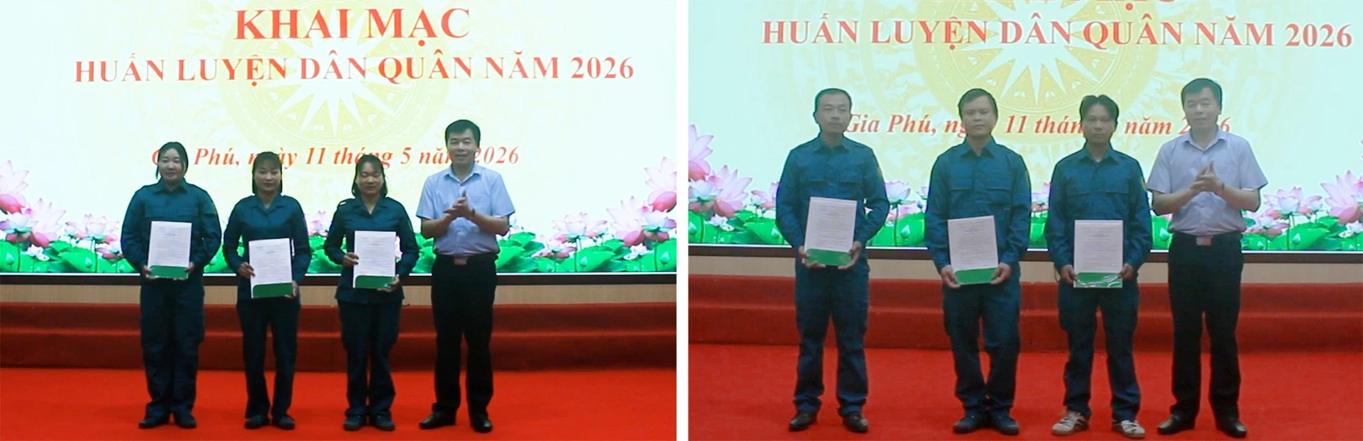 Trao quyết định kết nạp 130 đồng chí tham gia lực lượng dân quân tự vệ xã năm 2026 và quyết định công nhận hoàn thành tham gia dân quân tự vệ.