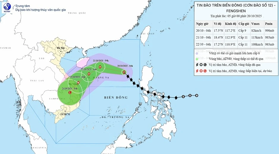 Hồi 04 giờ ngày 20/10, vị trí tâm bão ở vào khoảng 17,5 độ Vĩ Bắc; 117,2 độ Kinh Đông, cách đặc khu Hoàng Sa khoảng 540km về phía Đông Đông Bắc.