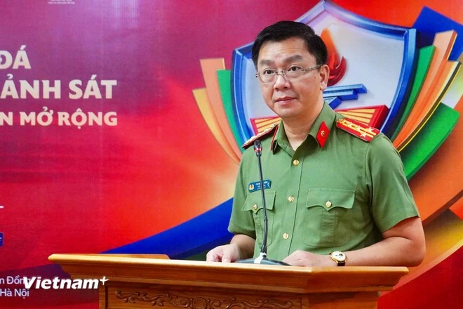 Đại tá Phạm Kim Đĩnh, Cục trưởng Cục Công tác chính trị - Bộ Công an, Trưởng Ban Tổ chức Giải phát biểu tại sự kiện họp báo.