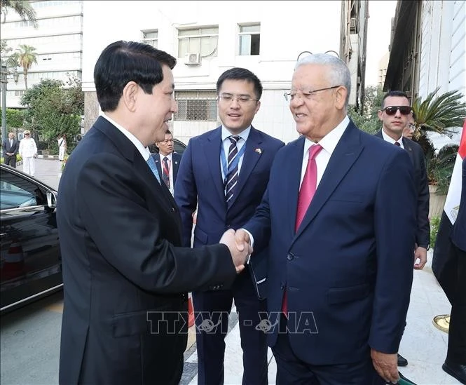 Chủ tịch Hạ viện Ai Cập Hanafy El-Gebaly đón Chủ tịch nước Lương Cường.