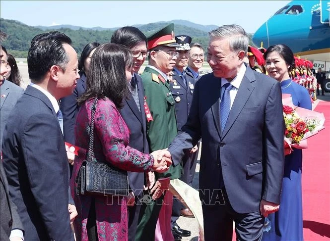 Cán bộ, nhân viên Đại sứ quán và cộng đồng người Việt Nam tại Hàn Quốc đón Tổng Bí thư Tô Lâm và Phu nhân ở Sân bay quân sự Seongnam.