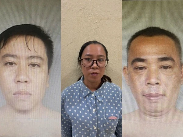 Các bị can: Khổng Đức Hồng, Bùi Thị Mộng Thu, Nguyễn Đức Khánh (từ trái qua).